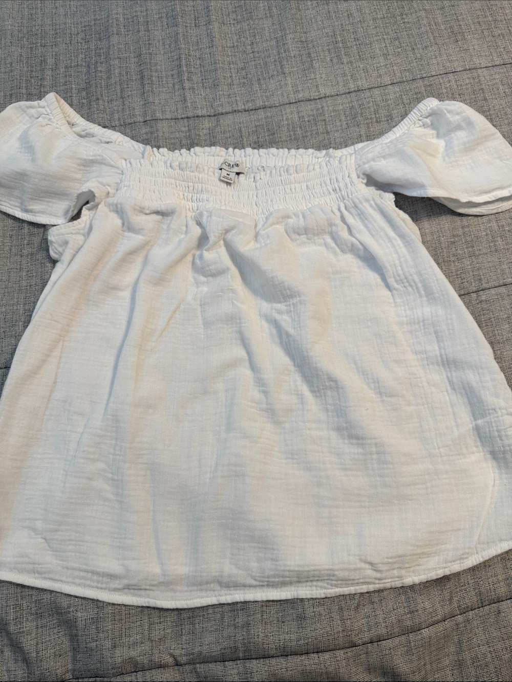 J. Crew White Smocked Waist Off-Shoulder Top